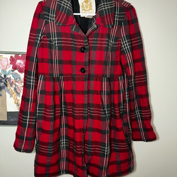 Wet Seal Vintage Gold Tag Red Plaid Coat – Mall Goth Y2K Era – Size L - Picture 2 of 6